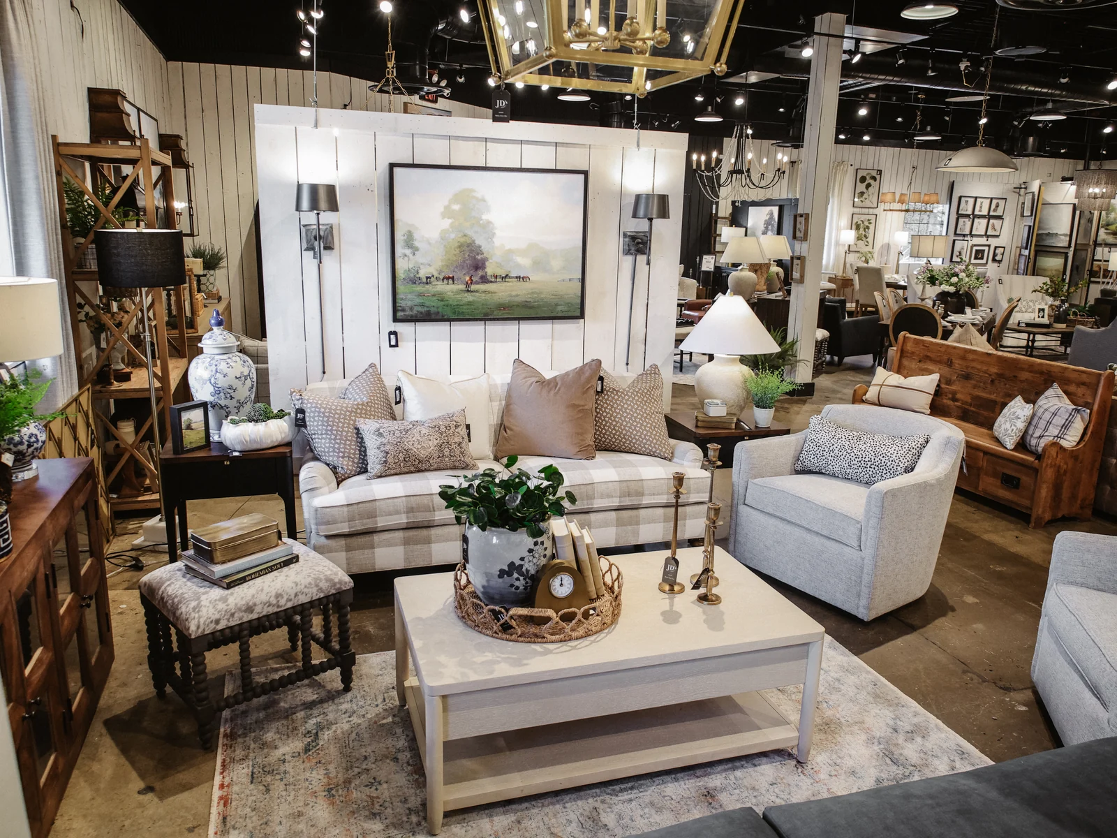 Coordinated living-room furniture display in the JD's showroom